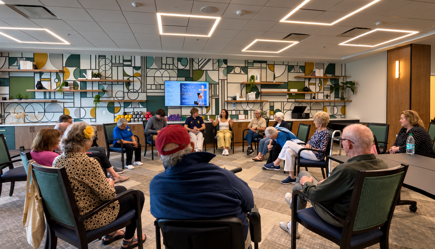 Older and younger participants seated in a circle during a group storytelling session.