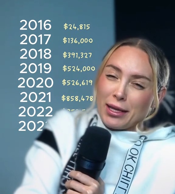 Danielle Lynch showing her yearly sales commissions from 2016 to 2021 in a TikTok video