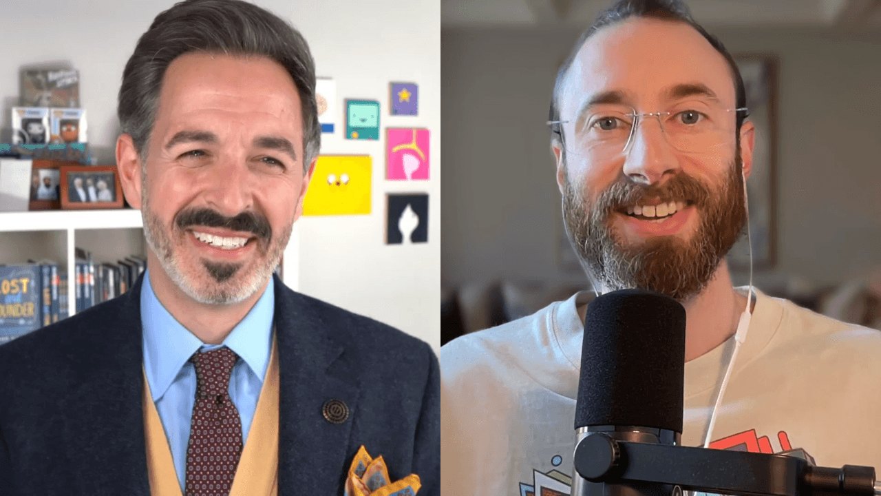 Edward Sturm and Rand Fishkin recording an episode of The Edward Show podcast in 2026