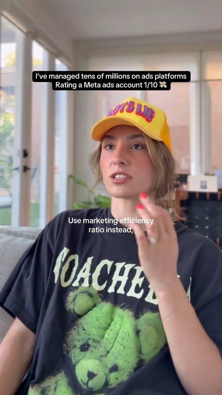 Jessie Hackett rating a Meta ads account and recommending marketing efficiency ratio over platform ROAS