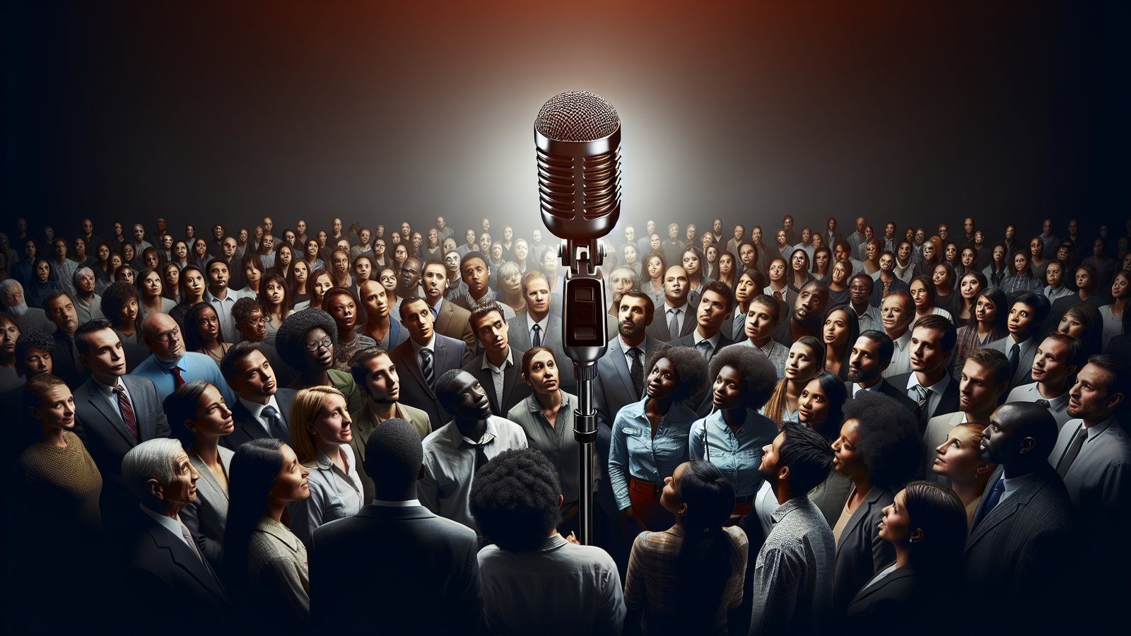 Large audience gathered around a single microphone under a spotlight